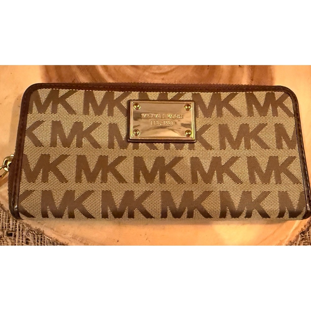 Michael Kors Jet Set Wallet Continental‎ Gold Logo Zip Around Beige Ebony Mocha